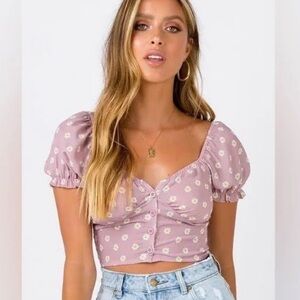 Princess Polly Crop Top Short Sleeve Button Up Dusty Rose Floral - size 4